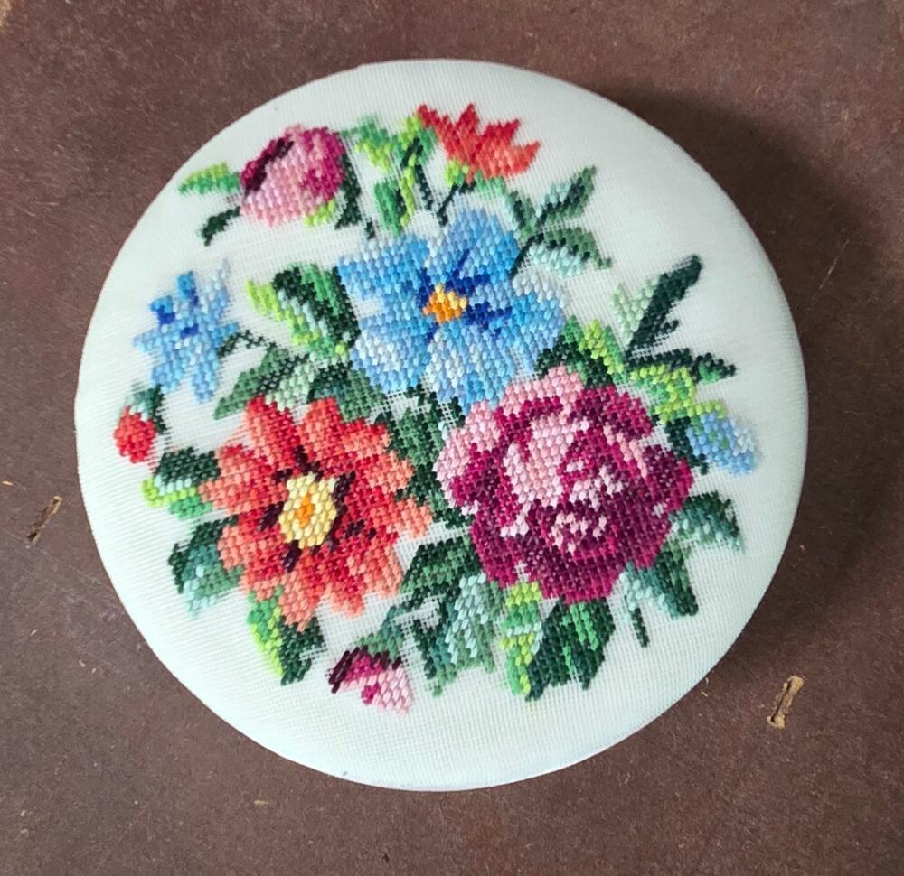 Vintage Fetco Needlepoint Trinket Box Case Satin Hand Stitched Floral Jewelry